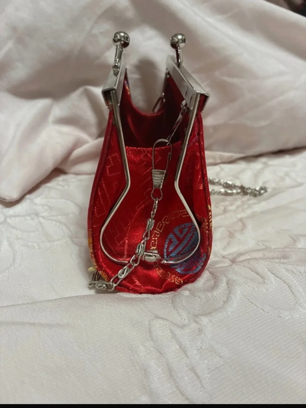 Hand Crafted Red Brocade Floral Clutch with Silver Frame